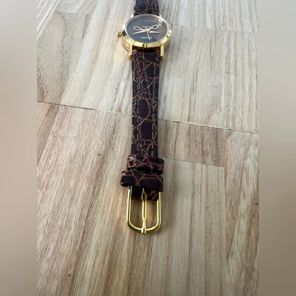 Vintage Ronica ladies gold tone brown scissor watch NEW BATTERY